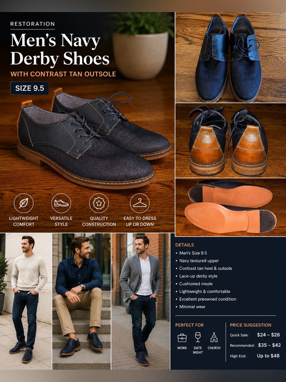 Restoration Men’s Navy Derby Shoes – Size 9.5